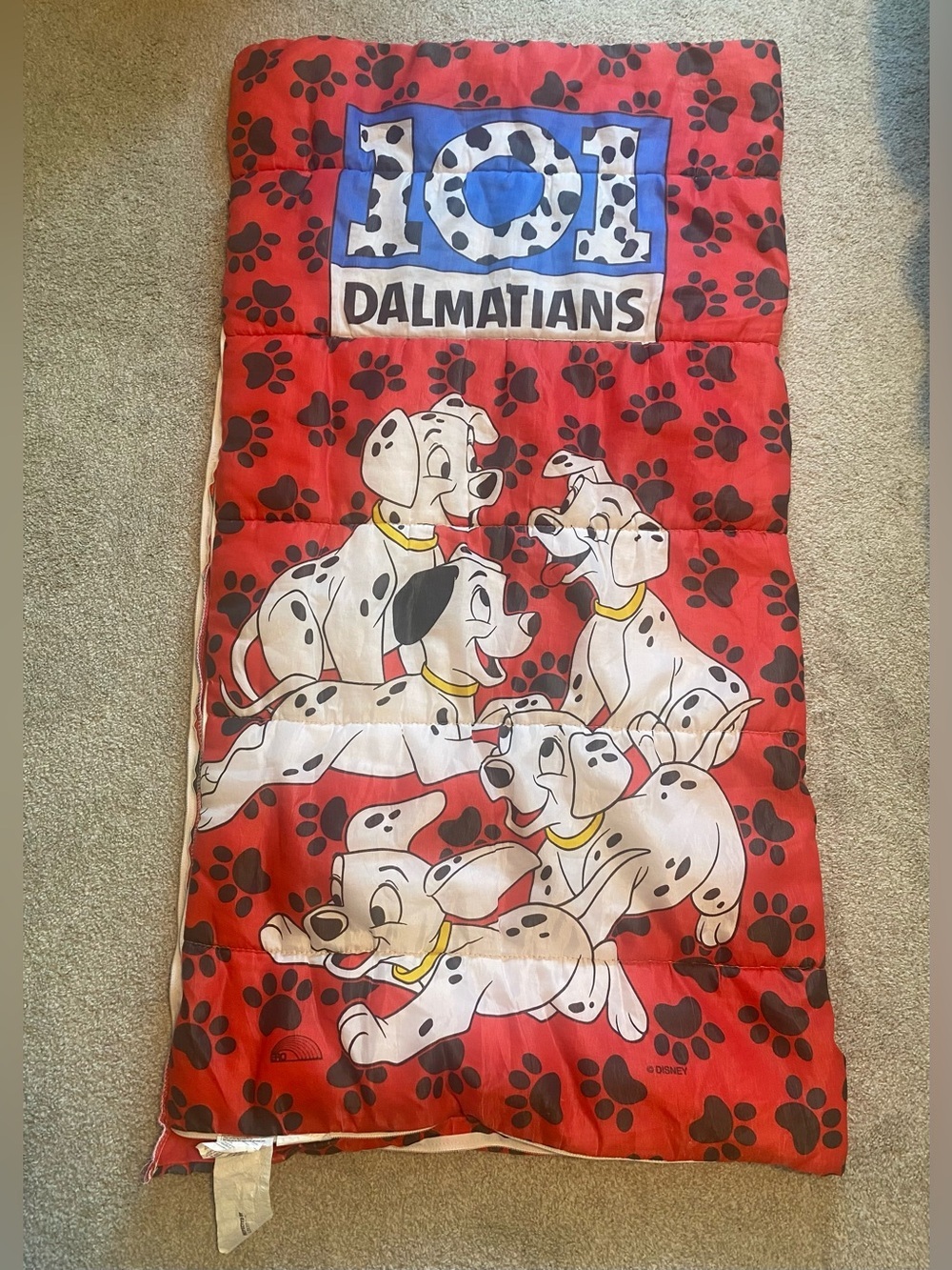 Vintage Disney 101 Dalmatians Youth Sleeping Bag Red Paw Print 90s
